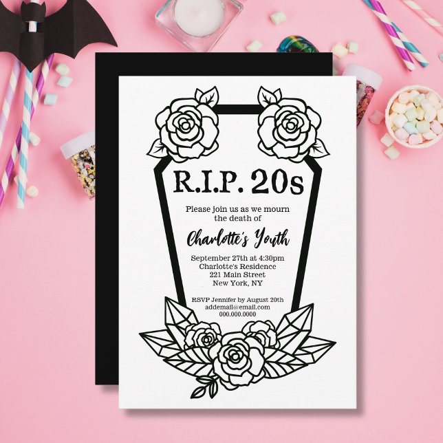 Convites aniversário de 30 anos Rip 20s Rosas Coffin Death  (30th Birthday Rip 20s Roses Coffin Death Of Youth Invitation
)