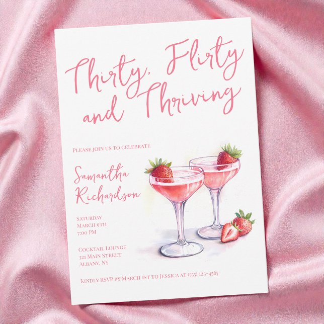 Convites Aniversário de 30 anos rosa 300 e emocionante (Thirty Flirty and Thriving Pink 30th Birthday Invitation)