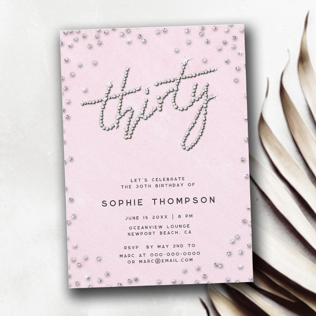Convites Aniversário de 30 anos rosa de caligrafia das Rhin (rhinestones modern calligraphy pink elegant 30th birthday invitation for women)