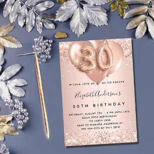 Convites aniversário de 30 anos rosa de ouro, balões luxuos