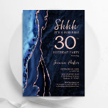 Convites aniversário de 30 anos Rosa Dourado Agate Surprise<br><div class="desc">Marinho azul e rosa dourado agate convite de festas surpresa. Elegante design moderno com cor azul-real de água agate marble geode background, faux glitter rosa gold e typografia script font. Trendy convida o cartão perfeito para uma comemoração de dia das mulheres na moda. Impressos convites Zazzle ou modelo de impressão...</div>