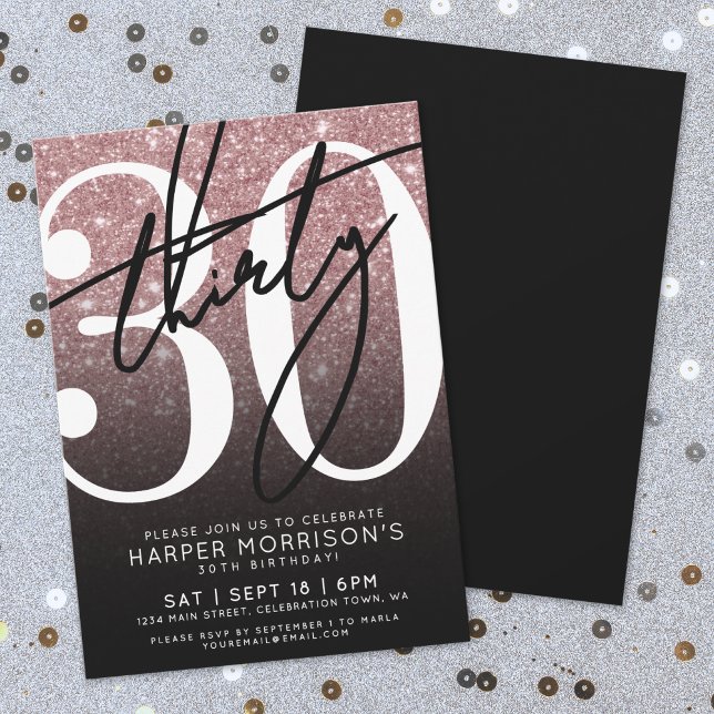 Convites Aniversário de 30 anos Rosa Dourado com Brilho Cor (Rose Gold Pink Glitter 30th Birthday Invitation)