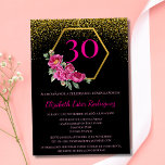 Convites Aniversário de 30 anos Rosa Dourado Preto-Chic Esp<br><div class="desc">Comemore um aniversário de 30 anos especial de mulher com este Elegante Convite para aniversário de 30 anos Espanhol Negro, Dourado e Rosa. Apresentando um fundo preto elegante com um quadro de ouro brilhante no topo, este convite irradia sofisticação. No centro, um hexágono-ouro é belamente acentuado com peões aquosos vibrantes,...</div>