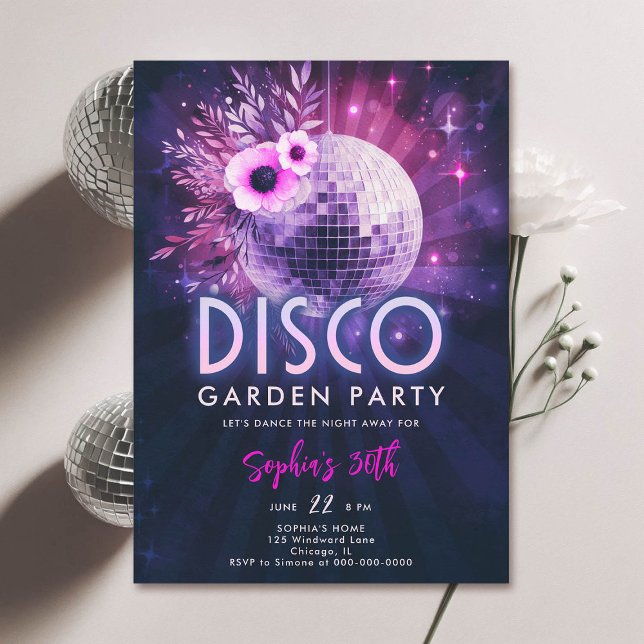 Convites Aniversário de 30 anos Rosa Quente do Partido do J (disco garden party 30th birthday invitation groovy 70s floral disco ball hot pink purple classy)