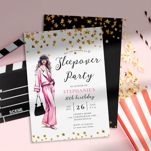 Convites Aniversário de 30 anos Rosa-Rosa-Fashion, Partido  (adult sleepover party invitation 30th birthday women fashion pajama hot pink gold stars elegant chic)