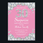 Convites Aniversário de 30 anos rosa surpresa e Diamante pr<br><div class="desc">Convite para aniversário de 30 anos surpresa. Fundo do Quadro de Diamantes do Rhinestone,  rosa e prateado. Convidado Elegante Birthday Bash. Preto e Branco. Aniversário Adulto. Mulheres Aniversário. Homens Aniversário. Para mais personalização,  clique no botão "Personalizar" e use nossa ferramenta de design para modificar este modelo.</div>