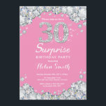 Convites Aniversário de 30 anos rosa surpresa e Diamante pr<br><div class="desc">Convite para aniversário de 30 anos surpresa. Fundo do Quadro de Diamantes do Rhinestone,  rosa e prateado. Convidado Elegante Birthday Bash. Preto e Branco. Aniversário Adulto. Mulheres Aniversário. Homens Aniversário. Para mais personalização,  clique no botão "Personalizar" e use nossa ferramenta de design para modificar este modelo.</div>