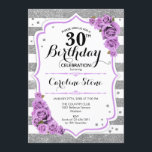 Convites aniversário de 30 anos - Rosas roxas de prata bran<br><div class="desc">aniversário de 30 anos Convite à apresentação de design roxa lavanda branca prateada elegante com brilho falso. Listras prateadas e brancas com rosas. Perfeito para uma elegante festa de aniversário de trinta.</div>