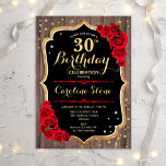 Convites aniversário de 30 anos - Rosas vermelhas de madeir<br><div class="desc">Convite para aniversário de 30 anos russo. Design elegante com padrão de madeira castanho escuro,  rosas vermelhas e ouro brilhante falso. Possui fonte de script e confetti. Perfeito para uma festa de aniversário na moda. Personalize com seus próprios detalhes.</div>
