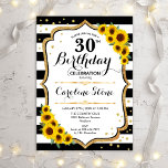 Convites Aniversário de 30 anos russo - Girassóis<br><div class="desc">Convite para aniversário de 30 anos. Design elegante com girassóis,  ouro brilhante falso e listras pretas e brancas. Possui fonte de script na moda e confetti. Perfeito para uma bolsa mensageifesta de aniversario elegante. Personalize com seus próprios detalhes.</div>
