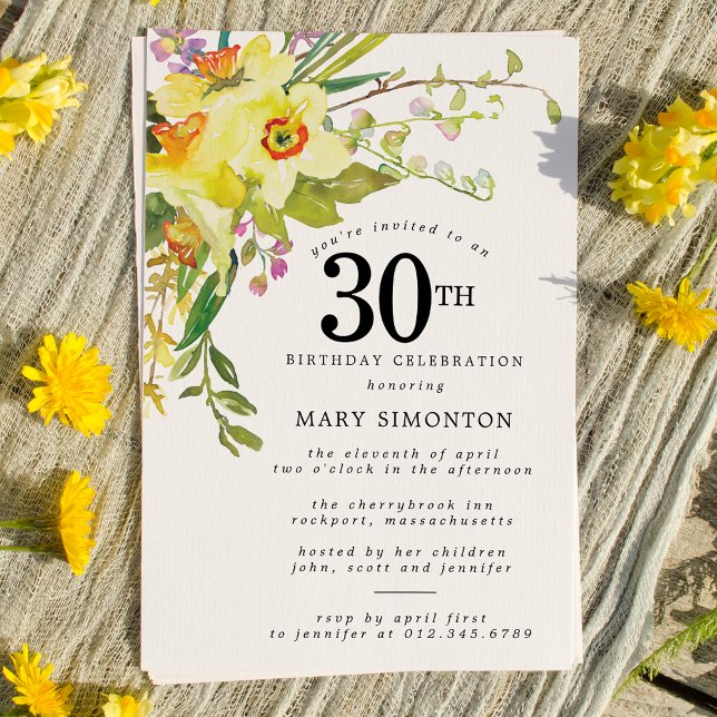 Convites Aniversário de 30 anos Rustic Boho Yellow Daffodil (Criador carregado)