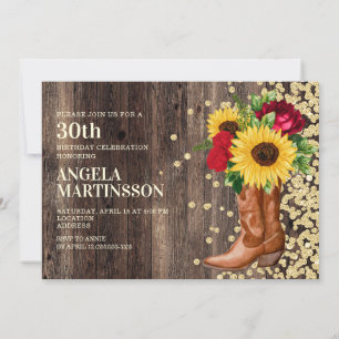 Convites aniversário de 30 anos Rustic Boots Sunflower Ros