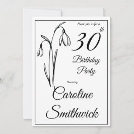 Convites Aniversário de 30 anos Snowdrop Floral Preto e Bra