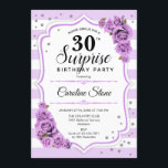 Convites Aniversário de 30 anos Surpresa - Branco roxo<br><div class="desc">Convite para aniversário de 30 anos surpresa. Branco feminino,  design lilás lavanda. Apresenta faixas,  rosas púrpura pastel,  fonte de script e confetti. Perfeito para uma bolsa mensageifesta de aniversario elegante. Pode ser personalizado para mostrar qualquer idade. Envie-me uma mensagem se precisar de mais personalização.</div>
