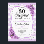 Convites Aniversário de 30 anos Surpresa - Branco roxo<br><div class="desc">Convite para aniversário de 30 anos surpresa. Branco feminino,  design lilás lavanda. Apresenta faixas,  rosas púrpura pastel,  fonte de script e confetti. Perfeito para uma bolsa mensageifesta de aniversario elegante. Pode ser personalizado para mostrar qualquer idade. Envie-me uma mensagem se precisar de mais personalização.</div>