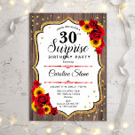 Convites Aniversário de 30 anos Surpresa - Girassóis - Made<br><div class="desc">Convite para aniversário de 30 anos surpresa. Design branco, branco, vermelho e rústico feminino com ouro brilhante. Apresenta padrão de madeira, rosas vermelhas, girassóis, fontes de script e confetti. Perfeito para uma bolsa mensageifesta de aniversario elegante. Pode ser personalizado para mostrar qualquer idade. Envie-me uma mensagem se precisar de mais...</div>