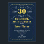 Convites Aniversário de 30 anos Surpresa - Marinho Azul Dou<br><div class="desc">Convite para aniversário de 30 anos surpresa. Design de ouro amarelo e marinho retrô elegante. Até 30 anos! Pode ser personalizado para mostrar qualquer idade.</div>