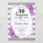 Convites Aniversário de 30 anos Surpresa - Prata branca<br><div class="desc">Convite para aniversário de 30 anos surpresa. Branca feminina,  design lilás lavanda com prata brilhante falso. Apresenta faixas,  rosas púrpura pastel,  fonte de script e confetti. Perfeito para uma bolsa mensageifesta de aniversario elegante. Pode ser personalizado para mostrar qualquer idade. Envie-me uma mensagem se precisar de mais personalização.</div>