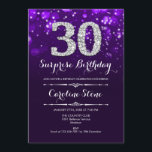 Convites Aniversário de 30 anos Surpresa - Prata Roxa<br><div class="desc">Convite para aniversário de 30 anos surpresa. Design púrpura elegante com prata brilhante. Aniversário adulto. Apresenta diamantes,  luzes de boque e fontes de script. Homens ou mulheres convidam no dia. Perfeito para uma festa de aniversário na moda. Envie-me uma mensagem se precisar de mais personalização.</div>