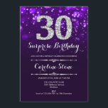 Convites Aniversário de 30 anos Surpresa - Prata Roxa<br><div class="desc">Convite para aniversário de 30 anos surpresa. Design púrpura elegante com prata brilhante. Aniversário adulto. Apresenta diamantes,  luzes de boque e fontes de script. Homens ou mulheres convidam no dia. Perfeito para uma festa de aniversário na moda. Envie-me uma mensagem se precisar de mais personalização.</div>