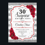 Convites Aniversário de 30 anos Surpresa - Vermelho branco<br><div class="desc">Convite para aniversário de 30 anos surpresa. Branco feminino,  design vermelho com prata brilhante falso. Recursos stripes,  rosa vermelha,  fonte de script e confetti. Perfeito para uma bolsa mensageifesta de aniversario elegante. Pode ser personalizado para mostrar qualquer idade. Envie-me uma mensagem se precisar de mais personalização.</div>