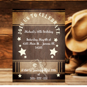 Convites Aniversário de 30 anos temático de cowboy em madei
