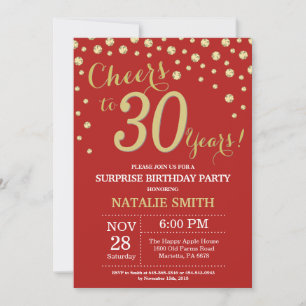 Convites aniversário de 30 anos Vermelho e Diamante Dourad