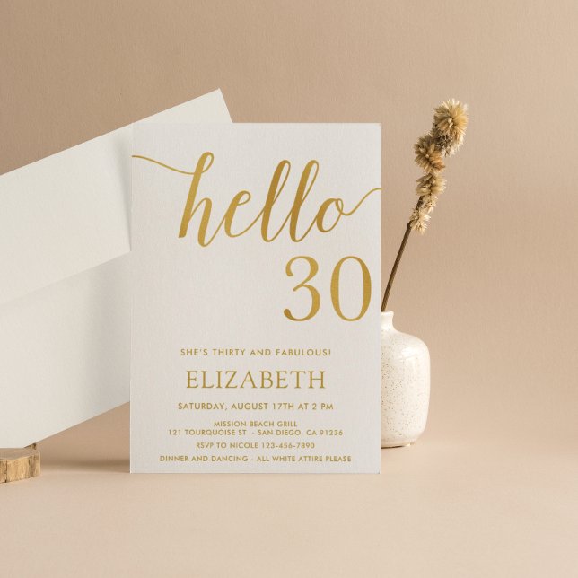 Convites aniversário de 30 anos White e Dourado Hello 30 (Criador carregado)