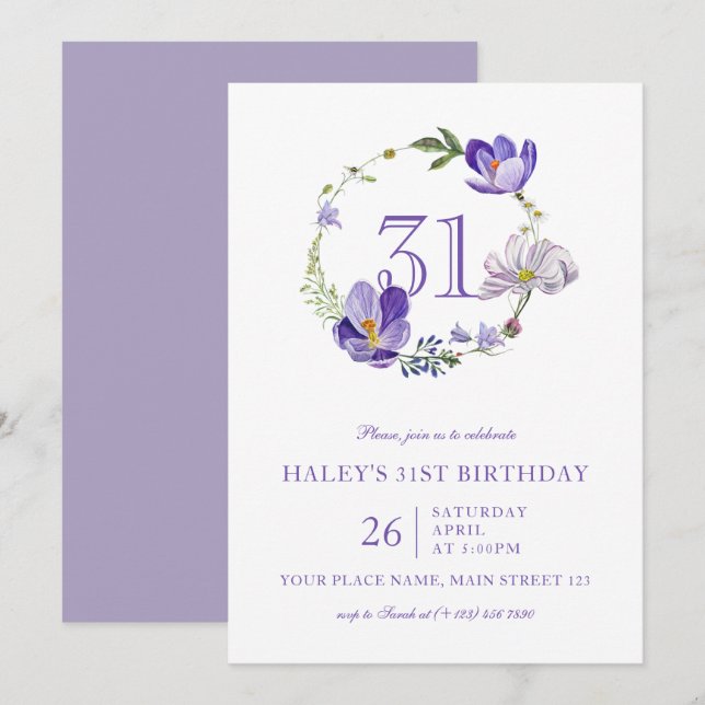 Convites Aniversário de 31 Anos Flor de Lilás Vintage (Frente/Verso)