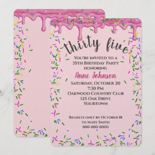 Convites Aniversário de 35 anos com glacê rosa e confeitos