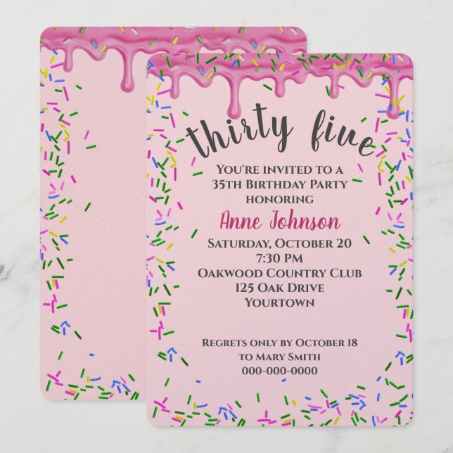 Convites Aniversário de 35 anos com glacê rosa e confeitos (Frente/Verso)