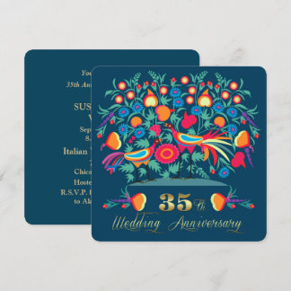 Convites Aniversário de 35 anos de Casamento Folk Art