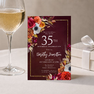 Convites Aniversário de 35 anos Flores de Outono de Bordô S