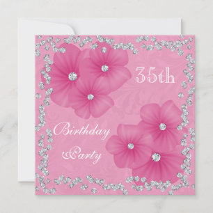 Convites Aniversário de 35 anos Pink Damask & Flores