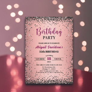 Convites Aniversário de 35 anos Rosa Brilho Metálico Preto
