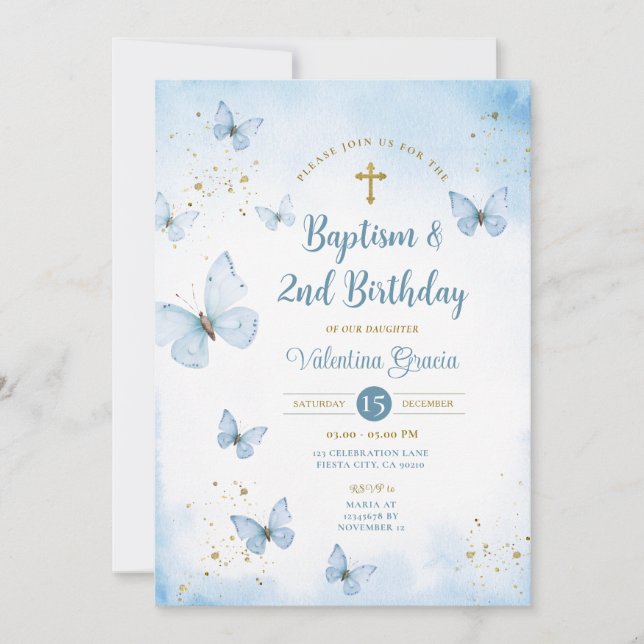 Convites Aniversário de 3 anos Batismo de Garota Azul Dusty (Frente)