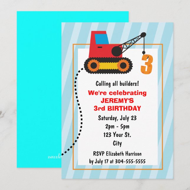 Convites aniversário de 3 anos da grua de construção (Frente/Verso)