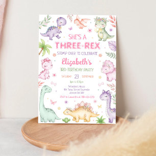 Convites Aniversário de 3 anos da menina dinossauro Pastel