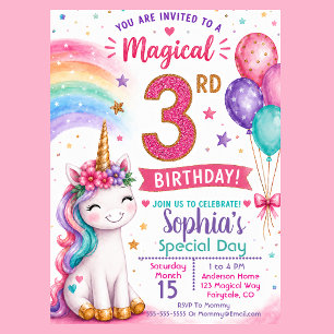 Convites Aniversário de 3 anos da Menina Unicórnio Mágico