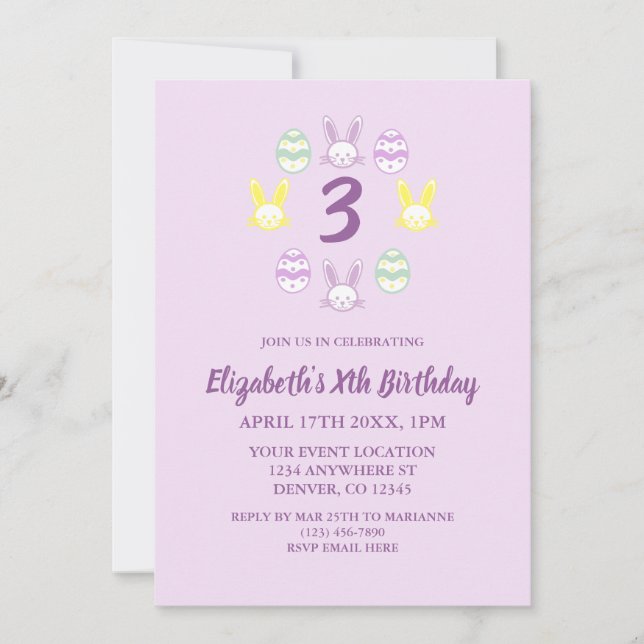 Convites aniversário de 3 anos da Páscoa lavanda (Frente)