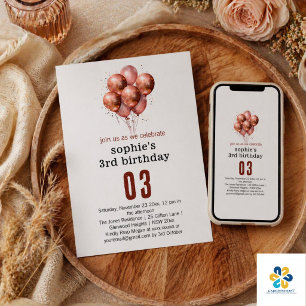Convites Aniversário de 3 anos de balão Dourado Rosa com br
