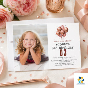 Convites Aniversário de 3 anos de balão Dourado Rosa com br