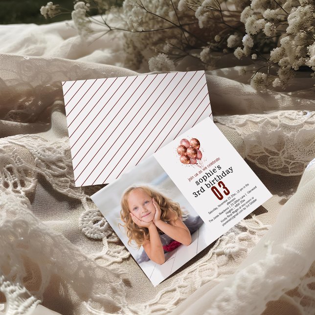 Convites Aniversário de 3 anos de balão Dourado Rosa com br (Criador carregado)