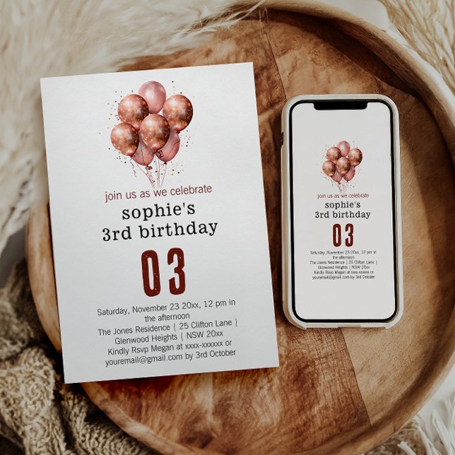 Convites Aniversário de 3 anos de balão Dourado Rosa com br (Criador carregado)