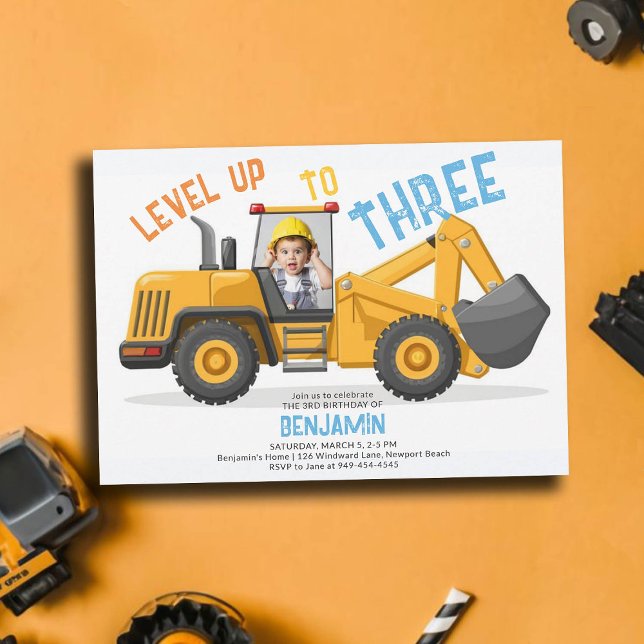 Convites Aniversário de 3 anos de Fotografia de Nível Super (photo construction invitation 3rd birthday second boys bulldozer vehicle theme personalized cute fun)