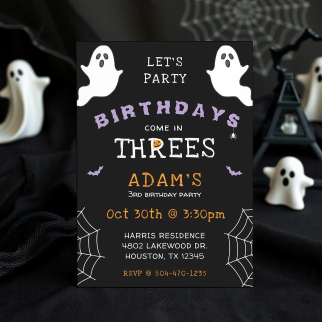 Convites Aniversário de 3 anos de Halloween vem em três Gho (Halloween 3rd Birthday Threes Ghost Gothic Invitation
)