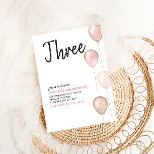 Convites Aniversário de 3 anos de Menina Balões Rosa Simple