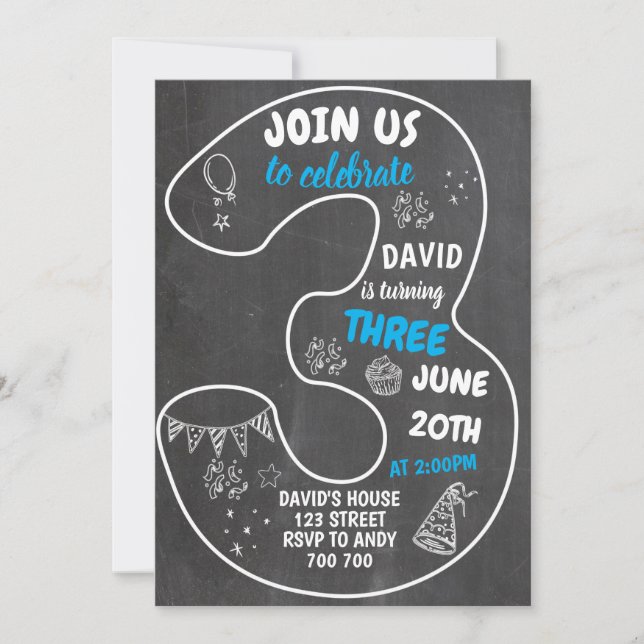 Convites Aniversário de 3 anos de Menino Número Azul (Frente)