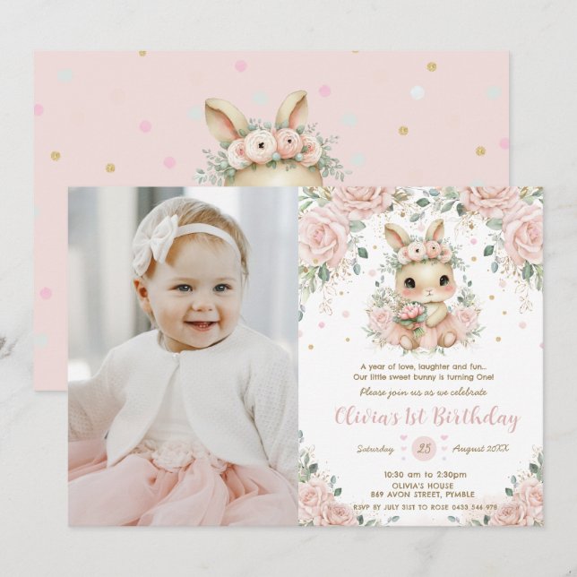 Convites Aniversário de 3 anos de segundo Ballerina Bunny R (Frente/Verso)