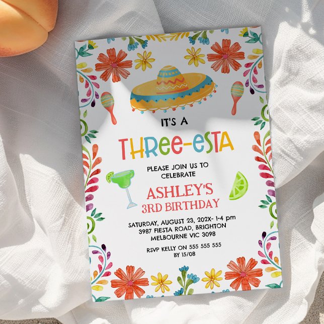 Convites Aniversário de 3 anos de Threesta Floral Multicolo (Colorful Threeesta 3rd Birthday Invitation, Fiesta 3rd Birthday Invitation Girl, Three-esta Party)